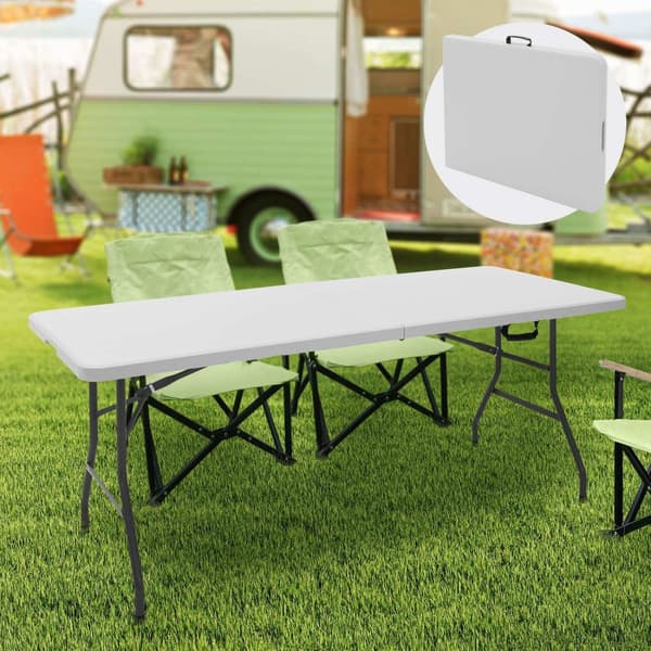 ML-Design Kokoontaitettava leirintäpöytä valkoinen 180x74 cm; muovia; kantokahvalla varustettu taittopöytä; puutarhaan; terassille; parvekkeelle; 6