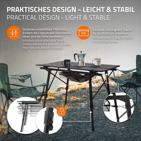 ML-Design Retkikäyttöön soveltuva taitettava musta leiripöytä; 90x51;5 cm; korkeudensäätö 46-66;5 cm; kantavuus 30 kg; rullattava pöytälevy;