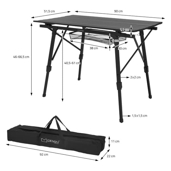 ML-Design Retkikäyttöön soveltuva taitettava musta leiripöytä; 90x51;5 cm; korkeudensäätö 46-66;5 cm; kantavuus 30 kg; rullattava pöytälevy;