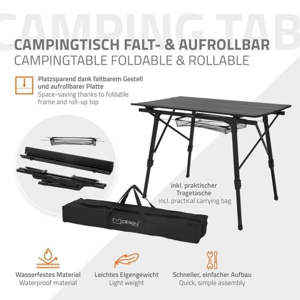 ML-Design Retkikäyttöön soveltuva taitettava musta leiripöytä; 90x51;5 cm; korkeudensäätö 46-66;5 cm; kantavuus 30 kg; rullattava pöytälevy;