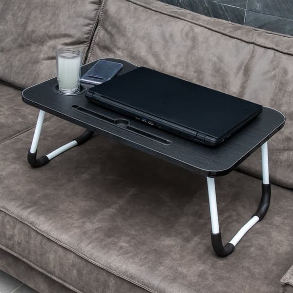 Utfällbart laptopbord i svart med måtten 60 x 40 x 28 cm - läsbord frukostbord bokbricka för sängen vardagsrummet hemmakontoret kontoret och på resan