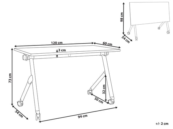 Työpöytä valkoinen MDF-levy musta teräs 120 x 60 x 75 cm kokoontaitettava siirrettävä pyörillä taittopöytä moderni tyyli