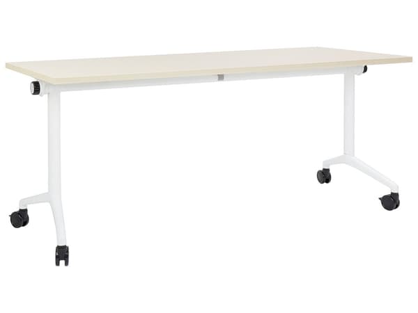 Työpöytä vaalea puu MDF-levy valkoinen teräs 180 x 60 x 75 cm siirrettävä pyörillä taitettava taittopöytä moderni tyyli