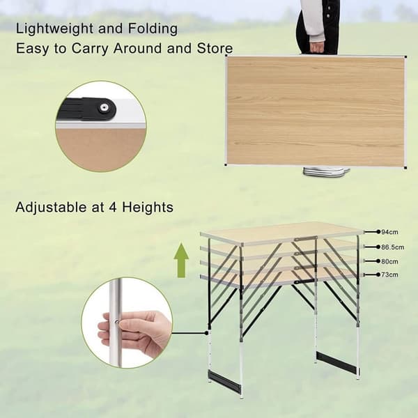 Rootz justerbart sammenklappeligt campingbord - Bærbart picnicbord - Kompakt udendørsbord - Aluminiumsstel - 60 cm x 73/80/86,5/94 cm