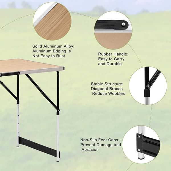 Rootz justerbart sammenklappeligt campingbord - Bærbart picnicbord - Kompakt udendørsbord - Aluminiumsstel - 60 cm x 73/80/86,5/94 cm
