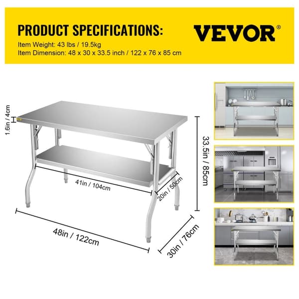 Rustfrit stål køkkenarbejdsbord, solidt, stort opbevaringsplads,1 hylde 48x24 tommer