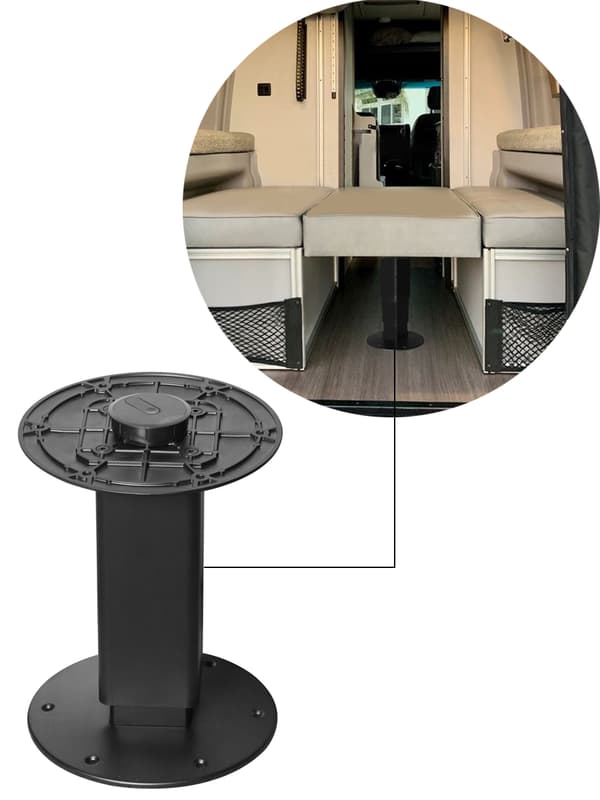 Tungt belastad husvagns teleskopisk bordställning, pneumatiskt justerbar höjd, hållbara aluminiumben, lättviktsdesign.