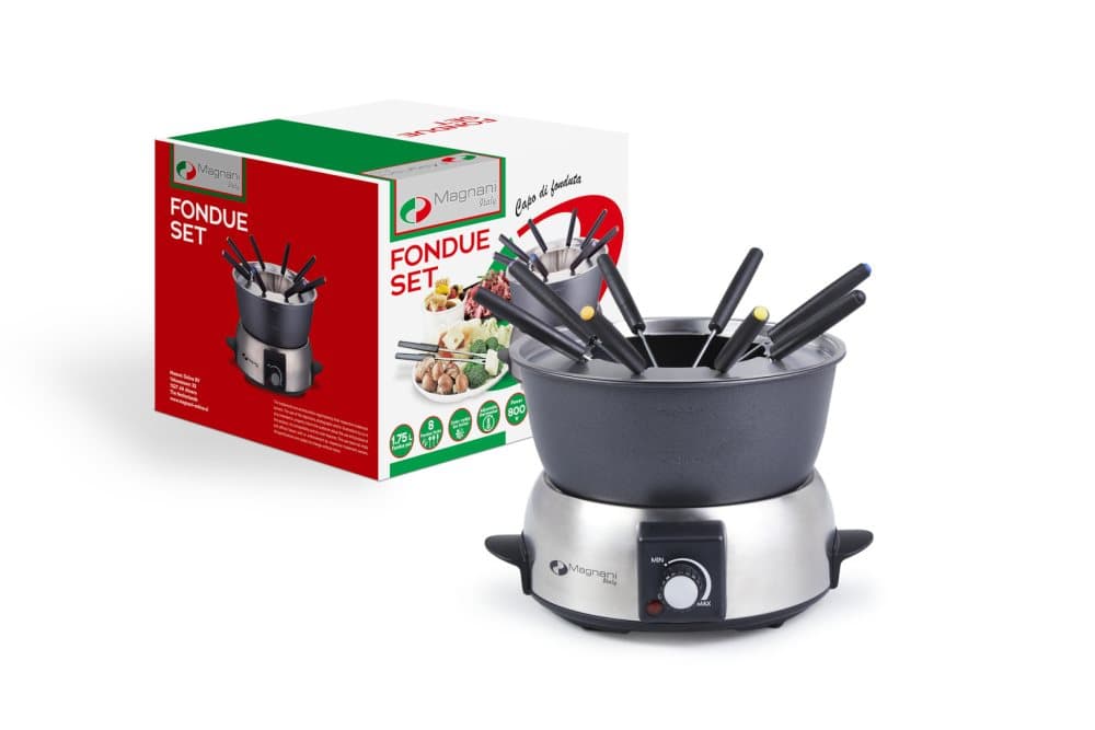 MAGNANI Elektrisk Fondueset 8 Personer 1.75L, Elektrisk Fonduegryta med 8 Gafflar för Ost, Kött, Chockladfondue 800W, Fondue Set 17.3 x 26 x 24 cm