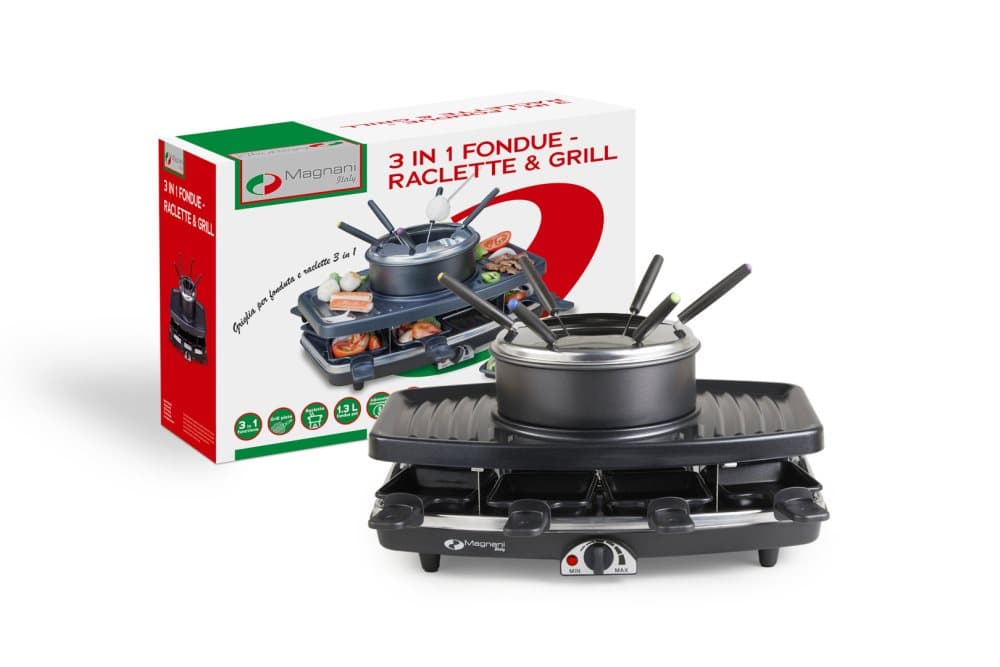 MAGNANI 3-i-1 Raclettegrill & Fonduegryta, Raclettejärn med 8 Pannor, Fondue-gryta med 6 Gafflar, Kombinerad Raclette & Fondue i Rostfritt Stål, Non-s