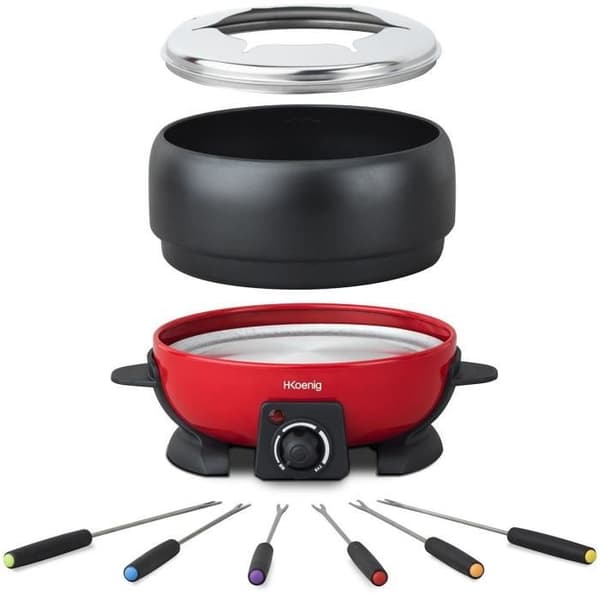 Fondueapparat HKOENIG - ALP1800 - För upp till 6 personer - Kapacitet 2L - Justerbar termostat upp till 190°C - 800W - Röd/Svart