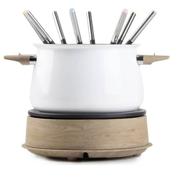 DOMO DO736F Fonduemaskin 1500 W indikatorlampa, 8 fonduegafflar i trä, vit