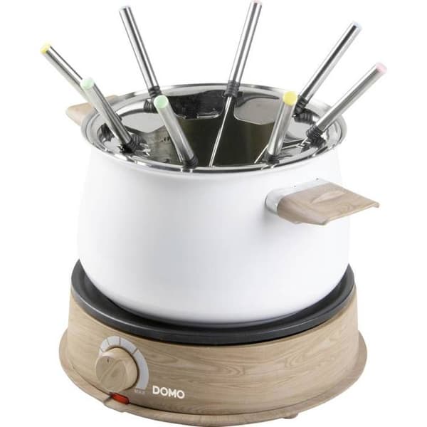 DOMO DO736F Fonduemaskin 1500 W indikatorlampa, 8 fonduegafflar i trä, vit