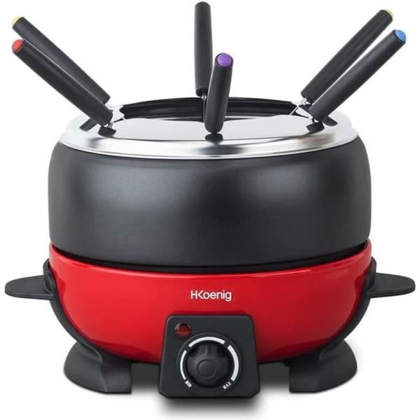 HKoeNIG ALP1800 - Elektrisk fondue 6 personer - 2L - 800W - Justerbar termostat 25°C til 190°C - Aftagelig pande - Rød og sort