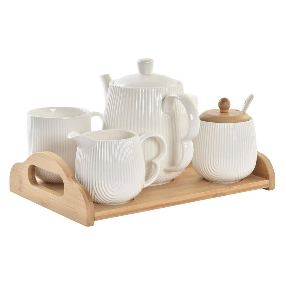 Set med kaffekoppar DKD Home Decor Naturell Porslin Vit Bambu