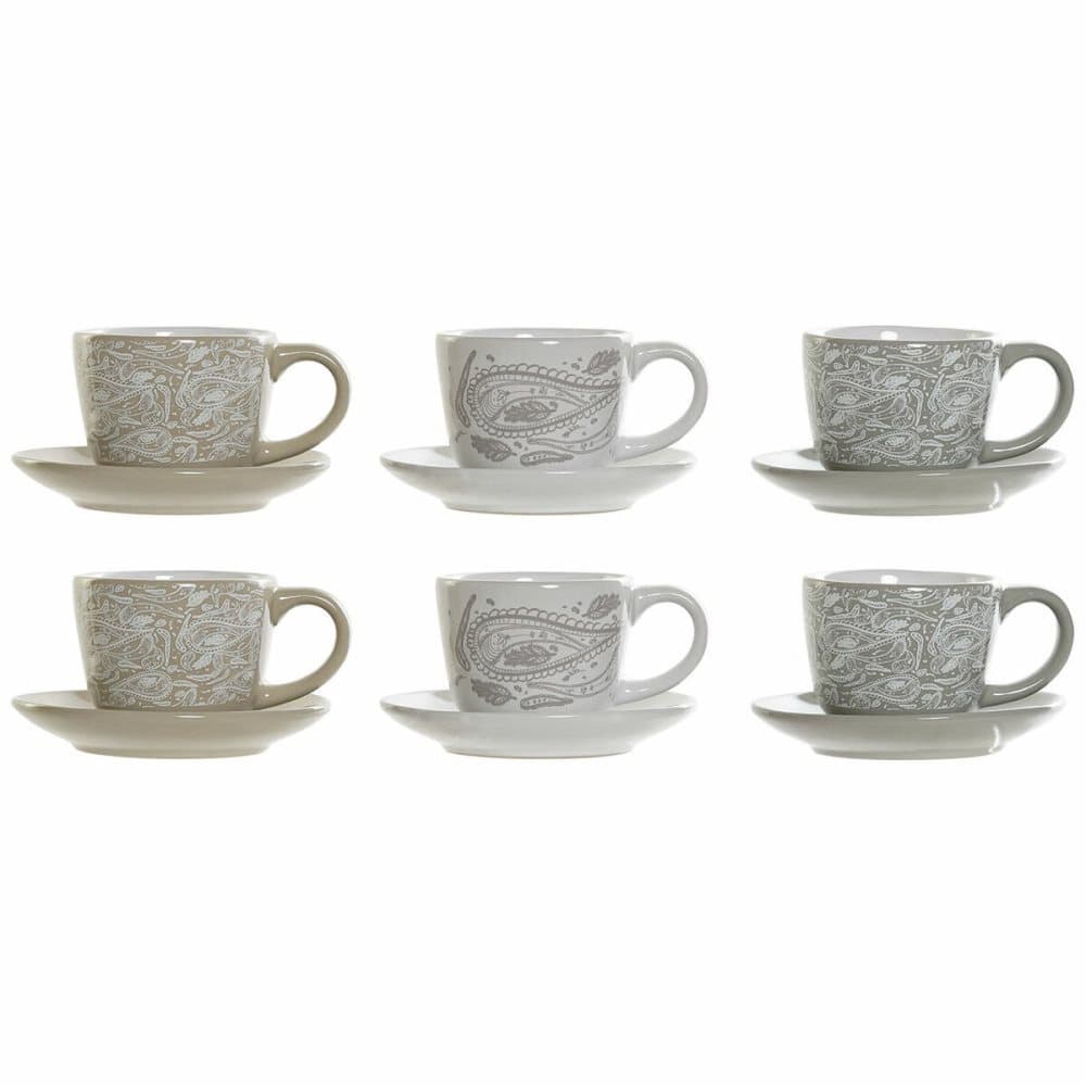 Set med kaffekoppar DKD Home Decor Grå Beige Metall Stengods (6 pcs) (180 ml) (21 x 17 x 21 cm)