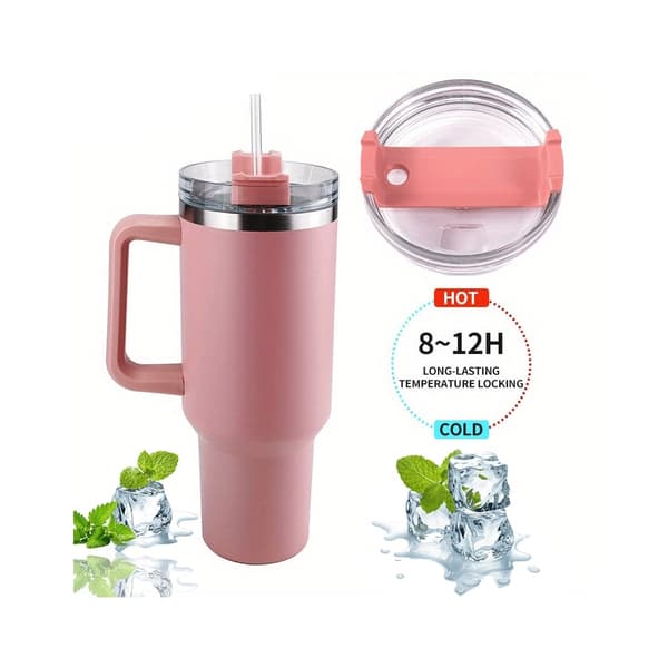 Tumbler termomugg 1200 ml med handtag, lock och sugrör Babyrosa