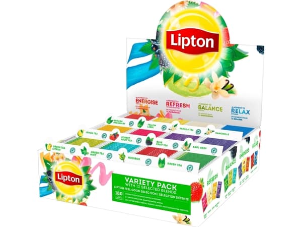 Te Lipton med 180 tebreve, i 12 varianter, i displayæske