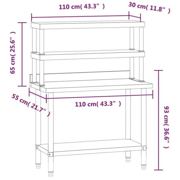 vidaXL Keittiön työpöytä ylähyllyllä 110x55x150 cm ruostumaton teräs