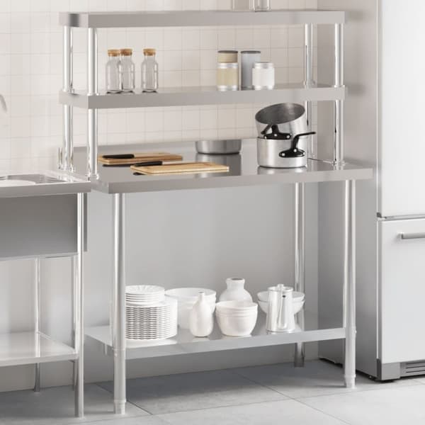 vidaXL Keittiön työpöytä ylähyllyllä 110x55x150 cm ruostumaton teräs
