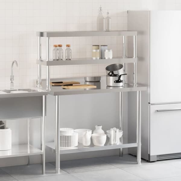 vidaXL Keittiön työpöytä ylähyllyllä 110x55x150 cm ruostumaton teräs