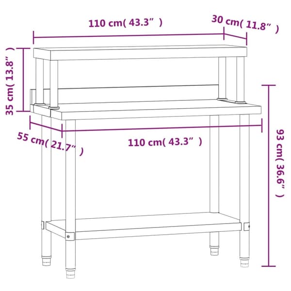 vidaXL Kjøkkenbenk med overhylle 110x55x120 cm rustfritt stål