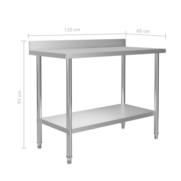 vidaXL arbejdsbord til køkken m. stænkplade 120x60x93 cm rustfrit stål -  Catering