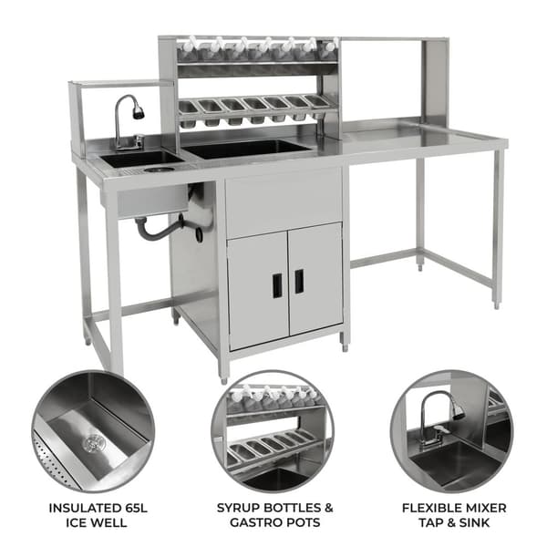 Bubble Tea-Arbetsstation KuKoo eller Komplett Set med Integrerad Utrustning | Rostfritt Stål | 7 Behållare för Toppings | 7 Sirapsflaskor | Diskho med