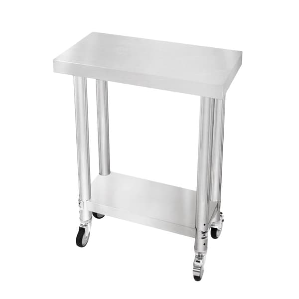 Catering Arbejdsbord Rustfrit stål Bord Madtilberedning Køkken Mobil 4 x hjul og 4 justerbare fødder Justerbar bundhylde 3 positioner 160 kg Kapacitet