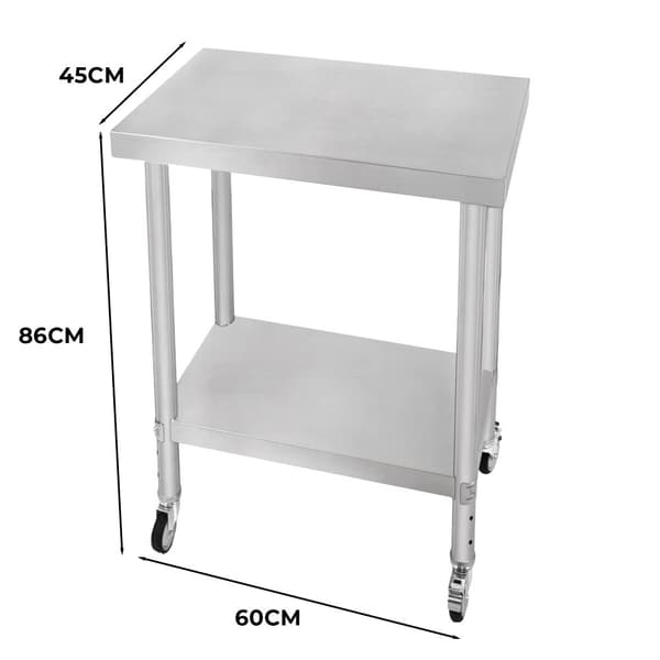 Catering Arbejdsbord Rustfrit stål Bord Madtilberedning Køkken Mobil 4 x hjul og 4 justerbare fødder Justerbar bundhylde 3 positioner 160 kg Kapacitet