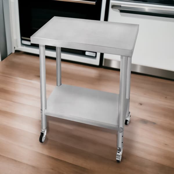 Catering Arbejdsbord Rustfrit stål Bord Madtilberedning Køkken Mobil 4 x hjul og 4 justerbare fødder Justerbar bundhylde 3 positioner 160 kg Kapacitet