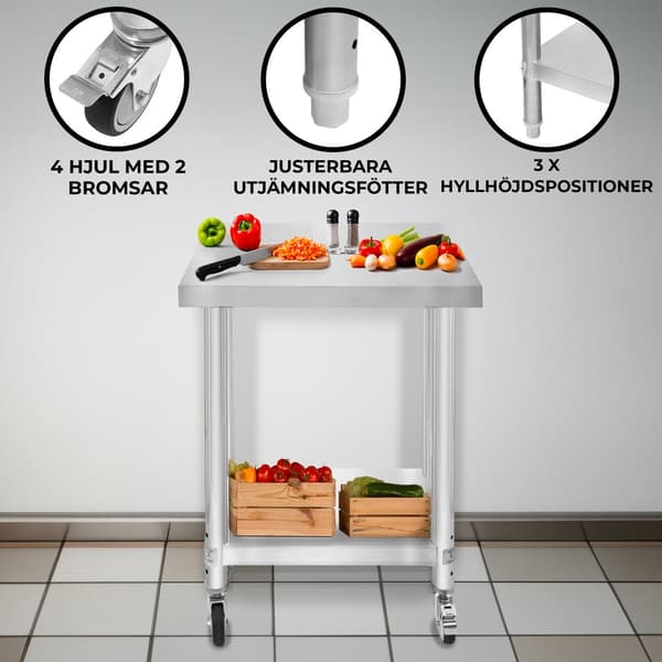 Catering Arbejdsbord Rustfrit stål Bord Madtilberedning Køkken Mobil 4 x hjul og 4 justerbare fødder Justerbar bundhylde 3 positioner 160 kg Kapacitet