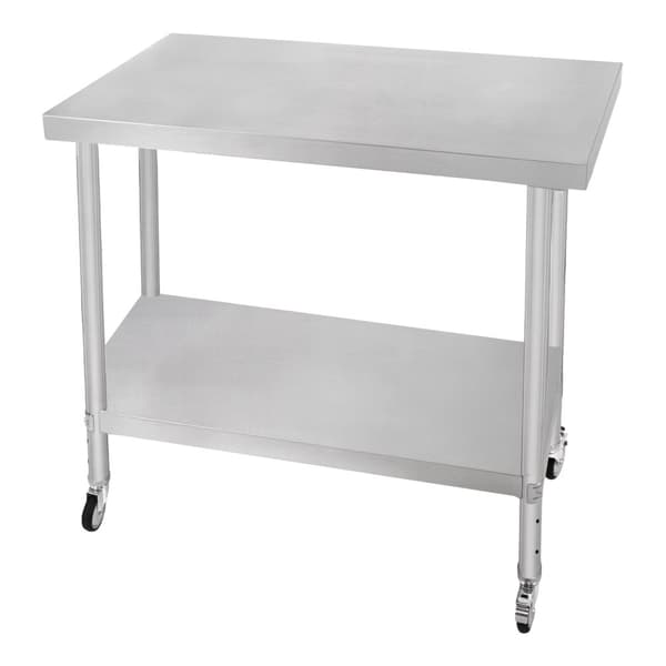 Catering Arbejdsbord Rustfrit stål Bord Madtilberedning Køkken Mobil 4 x hjul og 4 justerbare fødder Justerbar bundhylde 3 positioner 160 kg Kapacitet