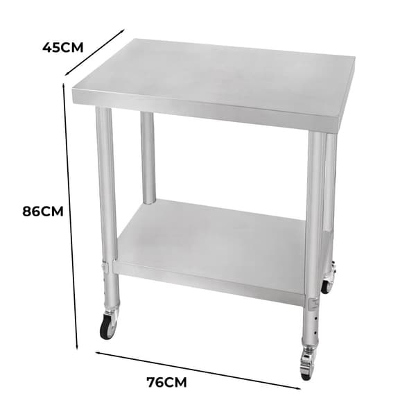 Catering Arbejdsbord Rustfrit stål Bord Madtilberedning Køkken Mobil 4 x hjul og 4 justerbare fødder Justerbar bundhylde 3 positioner 160 kg Kapacitet