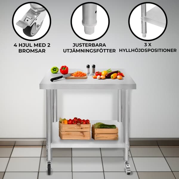 Catering Arbejdsbord Rustfrit stål Bord Madtilberedning Køkken Mobil 4 x hjul og 4 justerbare fødder Justerbar bundhylde 3 positioner 160 kg Kapacitet