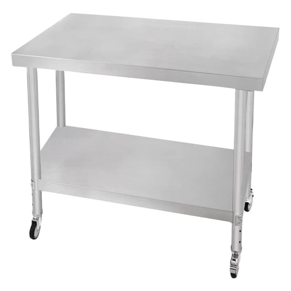 Catering Arbejdsbord Rustfrit stål Bord Madtilberedning Køkken Mobil 4 x hjul og 4 justerbare fødder Justerbar bundhylde 3 positioner 160 kg Kapacitet