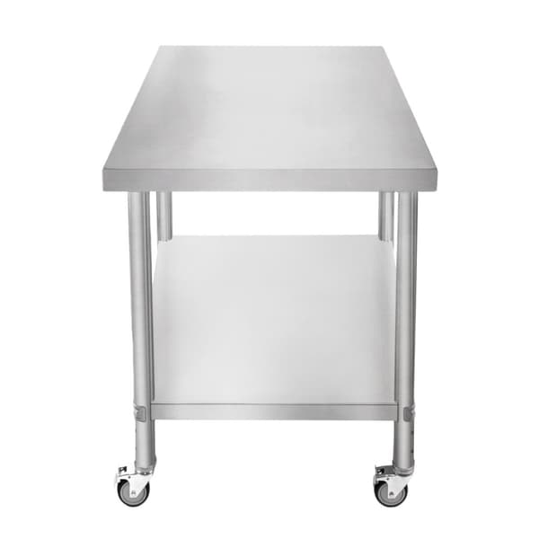 Catering Arbejdsbord Rustfrit stål Bord Madtilberedning Køkken Mobil 4 x hjul og 4 justerbare fødder Justerbar bundhylde 3 positioner 160 kg Kapacitet