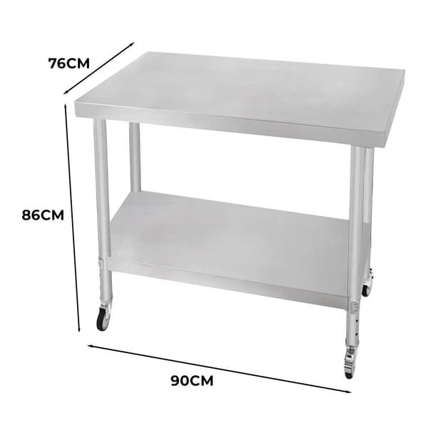 Catering Arbejdsbord Rustfrit stål Bord Madtilberedning Køkken Mobil 4 x hjul og 4 justerbare fødder Justerbar bundhylde 3 positioner 160 kg Kapacitet