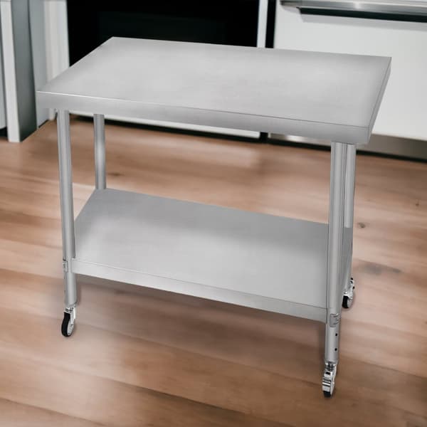Catering Arbejdsbord Rustfrit stål Bord Madtilberedning Køkken Mobil 4 x hjul og 4 justerbare fødder Justerbar bundhylde 3 positioner 160 kg Kapacitet