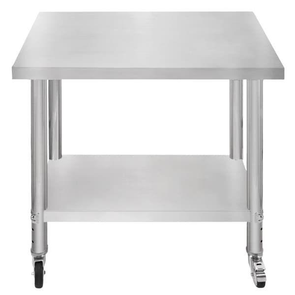 Catering Arbejdsbord Rustfrit stål Bord Madtilberedning Køkken Mobil 4 x hjul og 4 justerbare fødder Justerbar bundhylde 3 positioner 160 kg Kapacitet