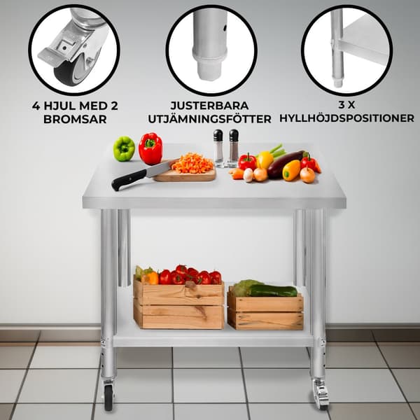 Catering Arbejdsbord Rustfrit stål Bord Madtilberedning Køkken Mobil 4 x hjul og 4 justerbare fødder Justerbar bundhylde 3 positioner 160 kg Kapacitet