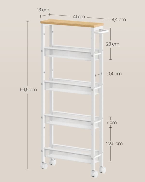 Rootz Oak White Trolley - Rullvagn - Bärbar förvaring - Spånskiva och stål - 13 cm x 45,4 cm x 99,6 cm - Lättvikt - Max belastning 12,5 kg