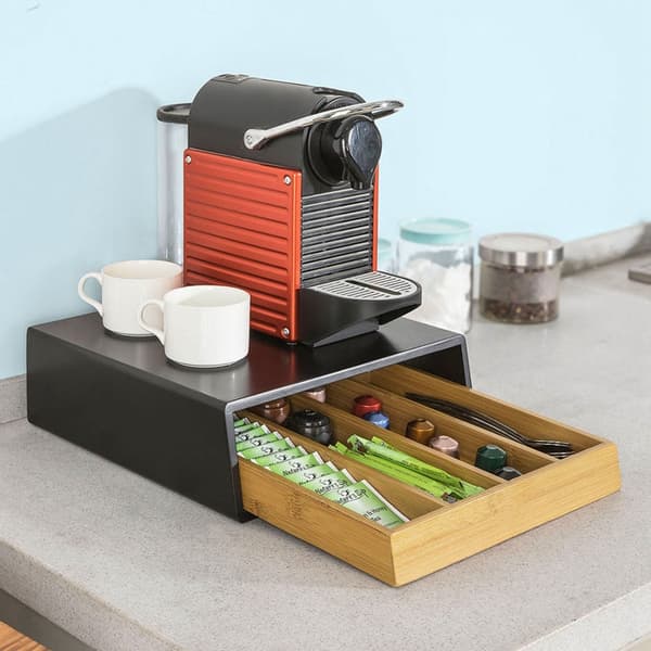 Rootz kaffekapselhållare - Tepåsarrangör - Låddispenser - Utrymmesbesparande design - Halkfria gummifötter - Bambu och MDF - 30cm x 10cm x 31cm