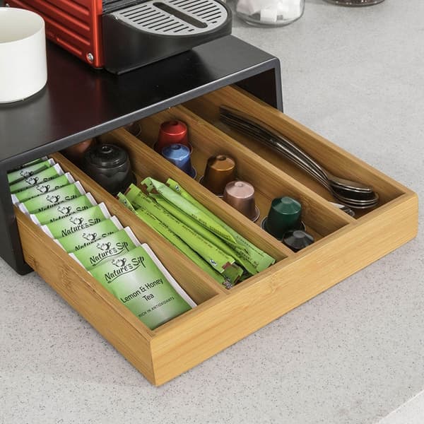 Rootz kaffekapselhållare - Tepåsarrangör - Låddispenser - Utrymmesbesparande design - Halkfria gummifötter - Bambu och MDF - 30cm x 10cm x 31cm