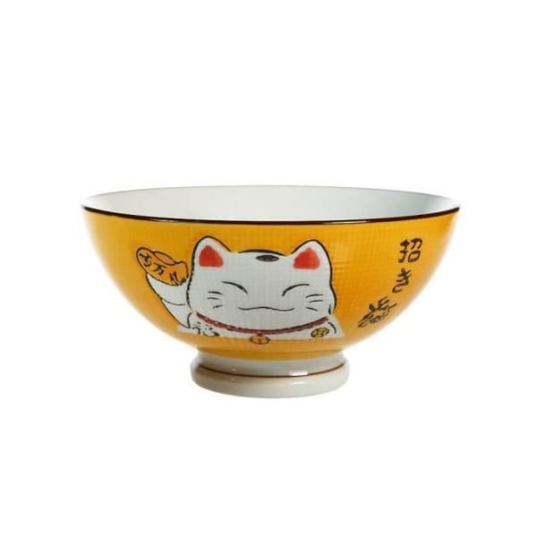 2 SOPPA eller RAMEN SKÅLAR - GUL - Maneki Neko Cat Pattern