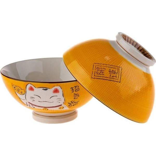 2 SOPPA eller RAMEN SKÅLAR - GUL - Maneki Neko Cat Pattern