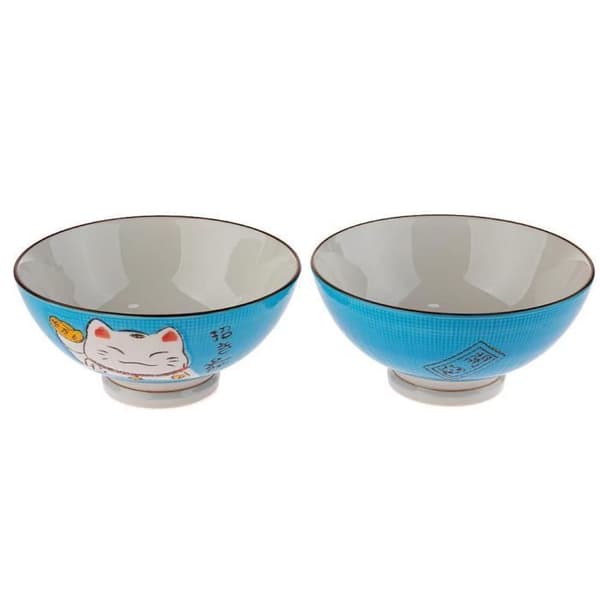 2 SOPPA eller RAMEN SKÅLAR - BLÅ - Maneki Neko Cat Pattern