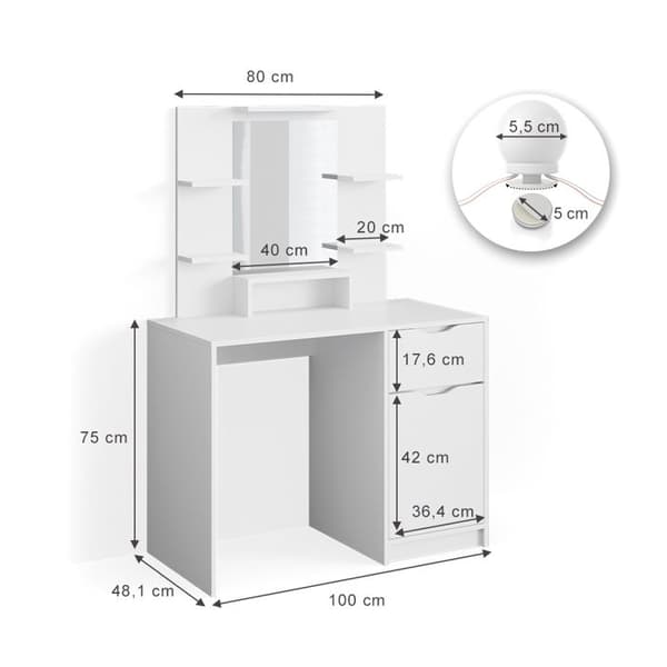 Ruben Little sminkbord, 100 cm med LED-belysning, Vit, Vicco
