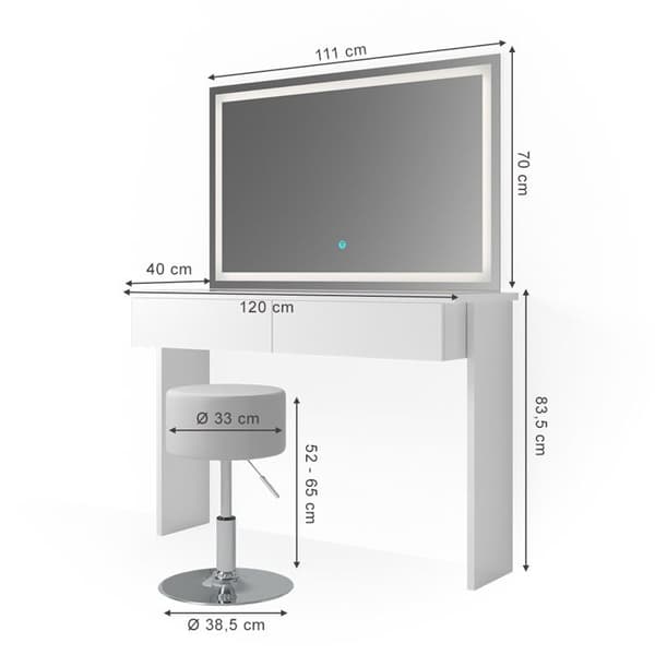 Azur sminkbord, 120 cm med LED-spegel och pall, Vit, Vicco