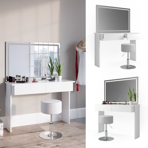 Azur sminkbord, 120 cm med LED-spegel och pall, Vit, Vicco
