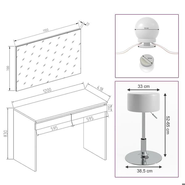 Emma sminkbord, 120 cm med LED-belysning och pall, Vit, Vicco